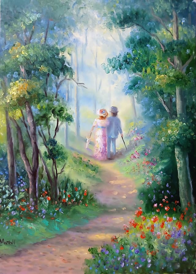 Quadro original "Caminhada Matinal Serena" — Impressionismo, A óleo sobre tela, 50 x 70 cm, pintado à mão por Marah Silva