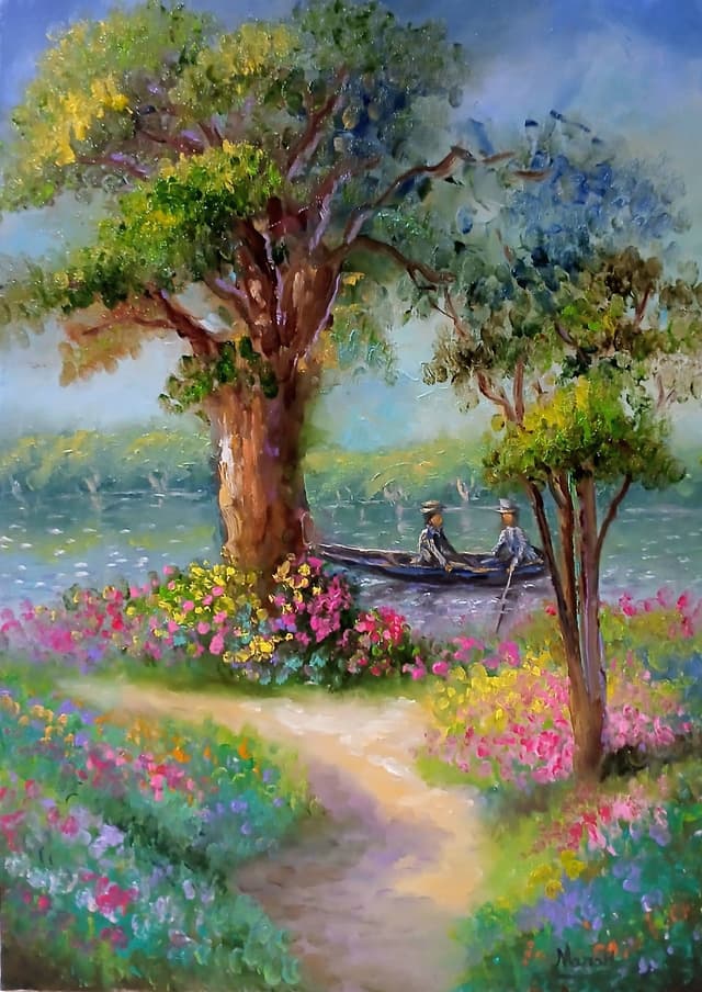 Quadro original "Caminho à Beira de Flores" — Impressionismo, A óleo sobre tela, 50 x 70 cm, pintado à mão por Marah Silva
