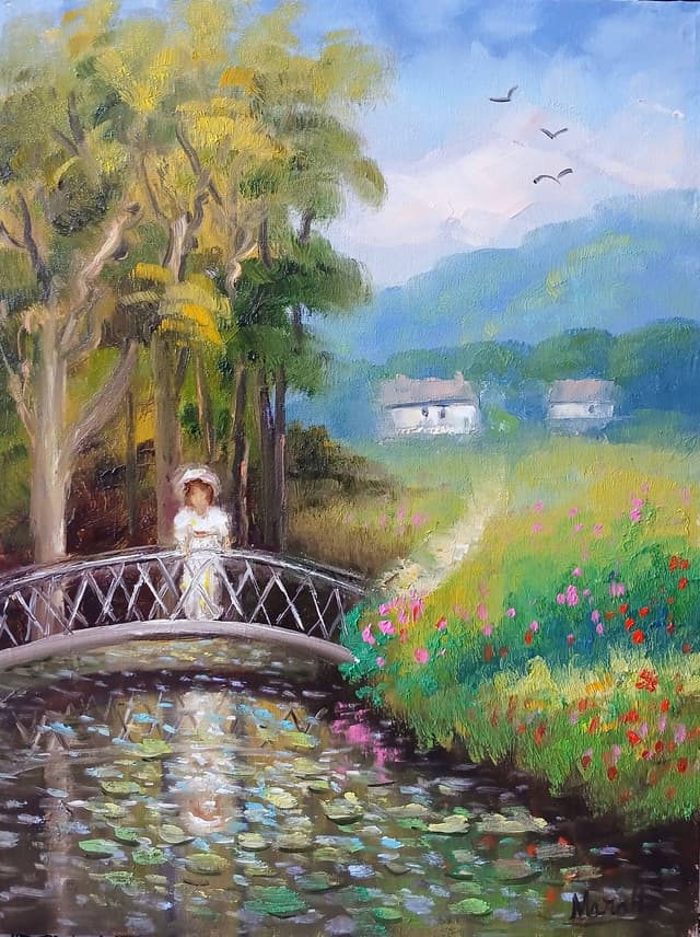 Quadro original "Reflexos da Ponte Serena" — Impressionismo, A óleo sobre tela, 30 x 40 cm, pintado à mão por Marah Silva